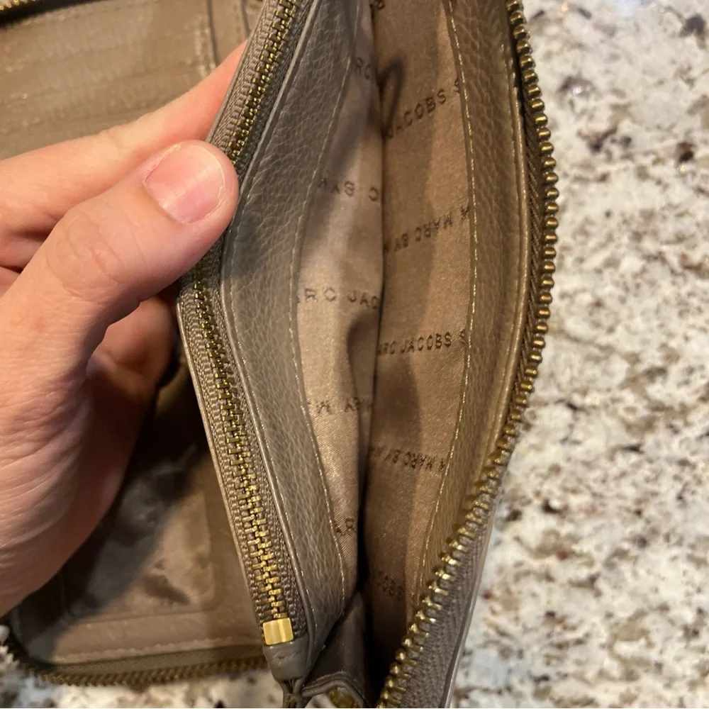 Marc Jacobs Taupe Leather Zip-Around Wallet with Gold Plaque